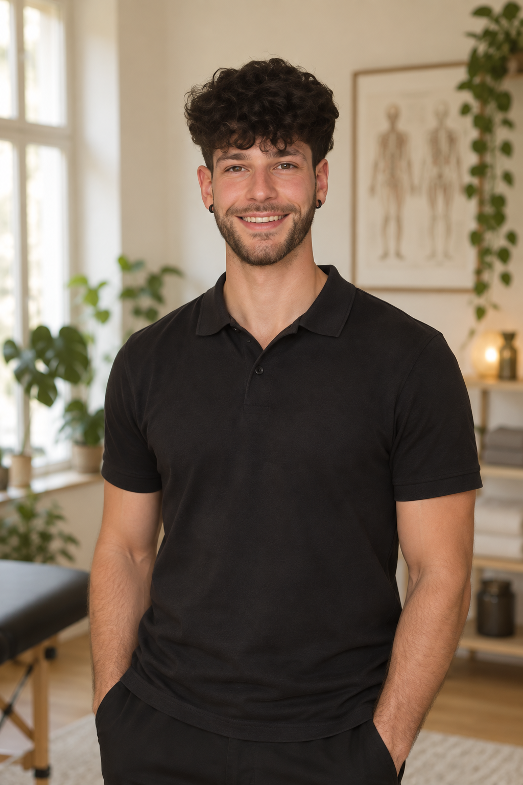 Ein junger Mann mit dunklen, lockigen Haaren, Bart und Earring, trägt ein schwarzes Polo-Shirt in einem wohlbeleuchteten Raum mit Pflanzen und medizinischen Grafiken im Hintergrund.