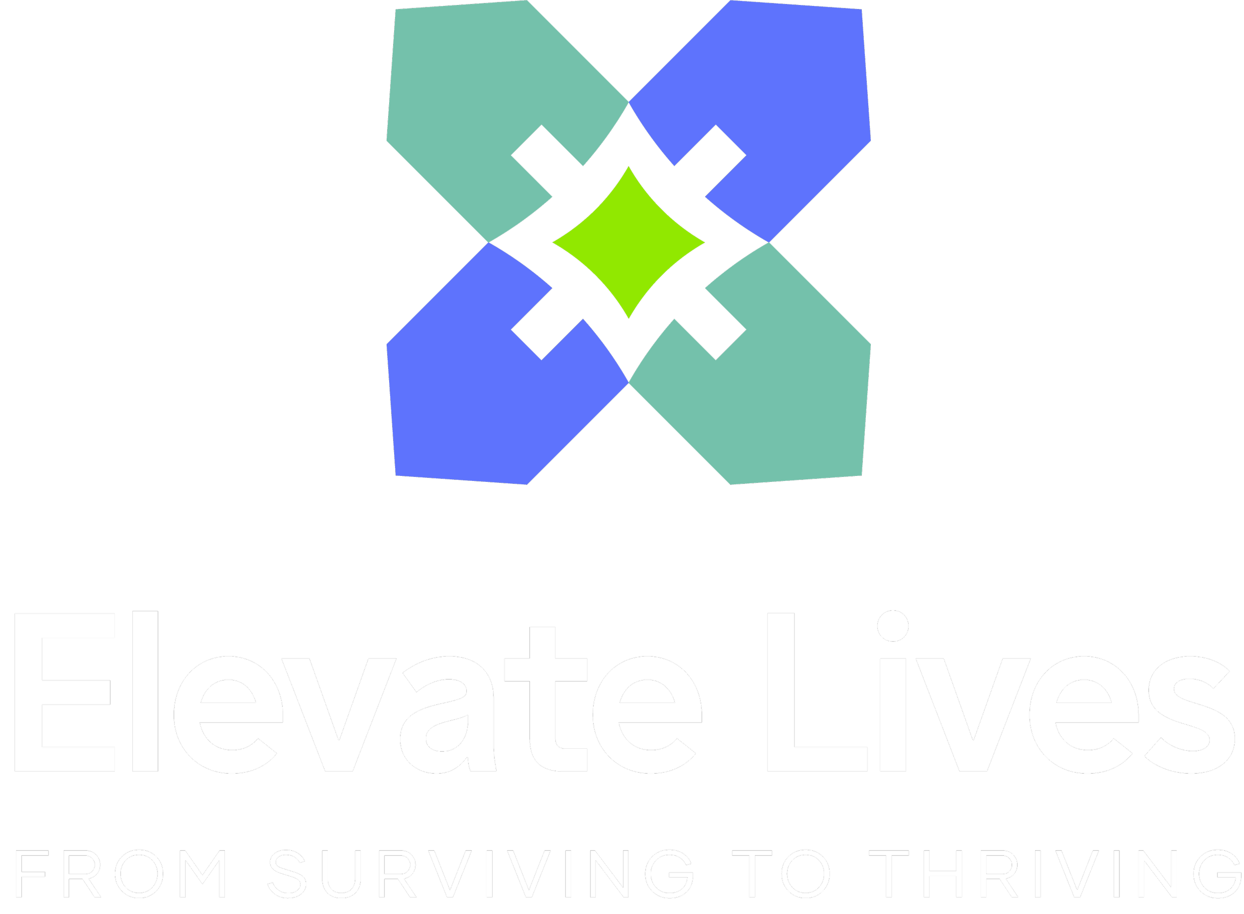 Elevate Lives logo of four houses in a clover shape surrounding a diamond shape, the "spark". Text reads Elevate Lives with tagline From Surviving to Thriving