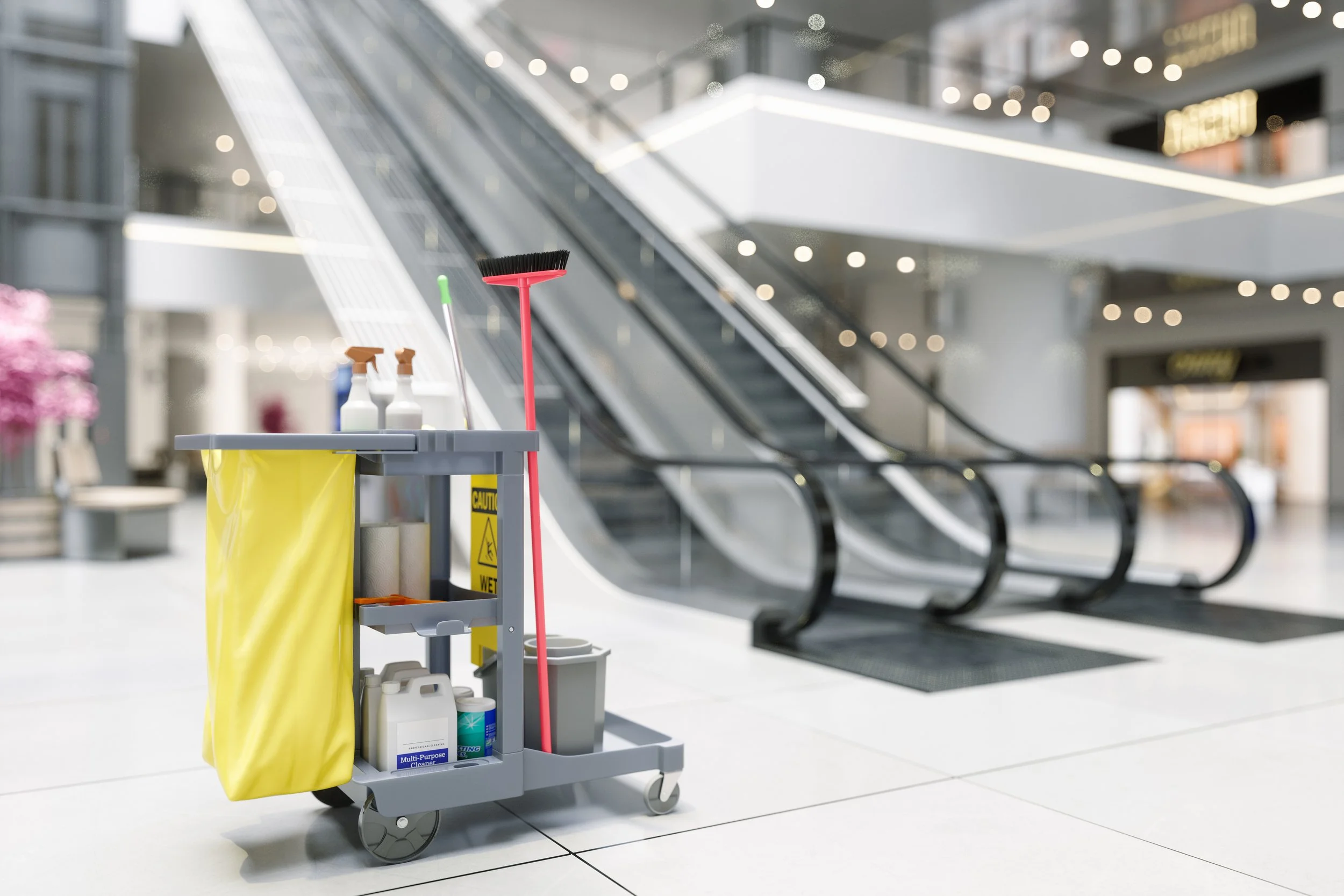 Cleaning cart with cleaning supplies, mop, and yellow bag in an indoor shopping mall near escalators.