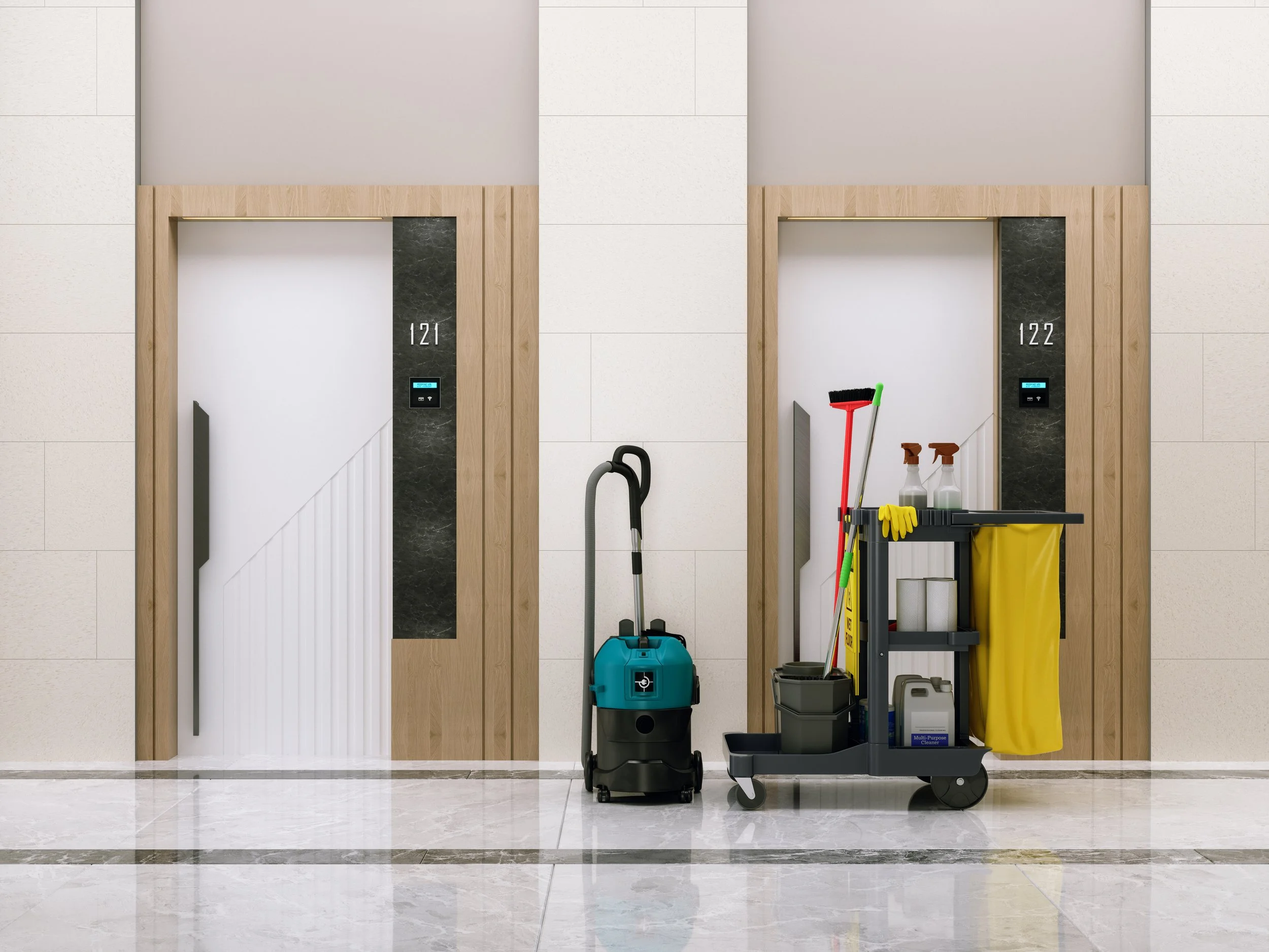 Two elevators side by side with wooden frames, one labeled 121, the other 122. Cleaning supplies and equipment are placed in front of the elevators, including a mop, vacuum, and cleaning cart with bottles and gloves.