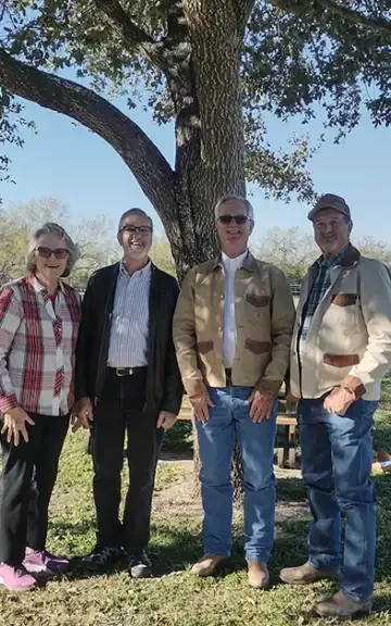    On my brother Larell's farm outside Orange Grove, Texas. Judith Meischen Hoelscher, David Meischen, Larell Meischen, Vance Meischen -- a sister and four brothers (left to right). The cover photo for Caliche Road Poems was taken here.   