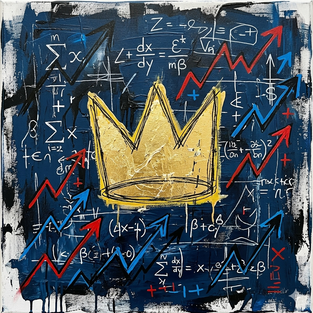 An abstract painting featuring a large gold crown surrounded by various mathematical equations, graphs, and arrows pointing upward, set against a dark blue background.