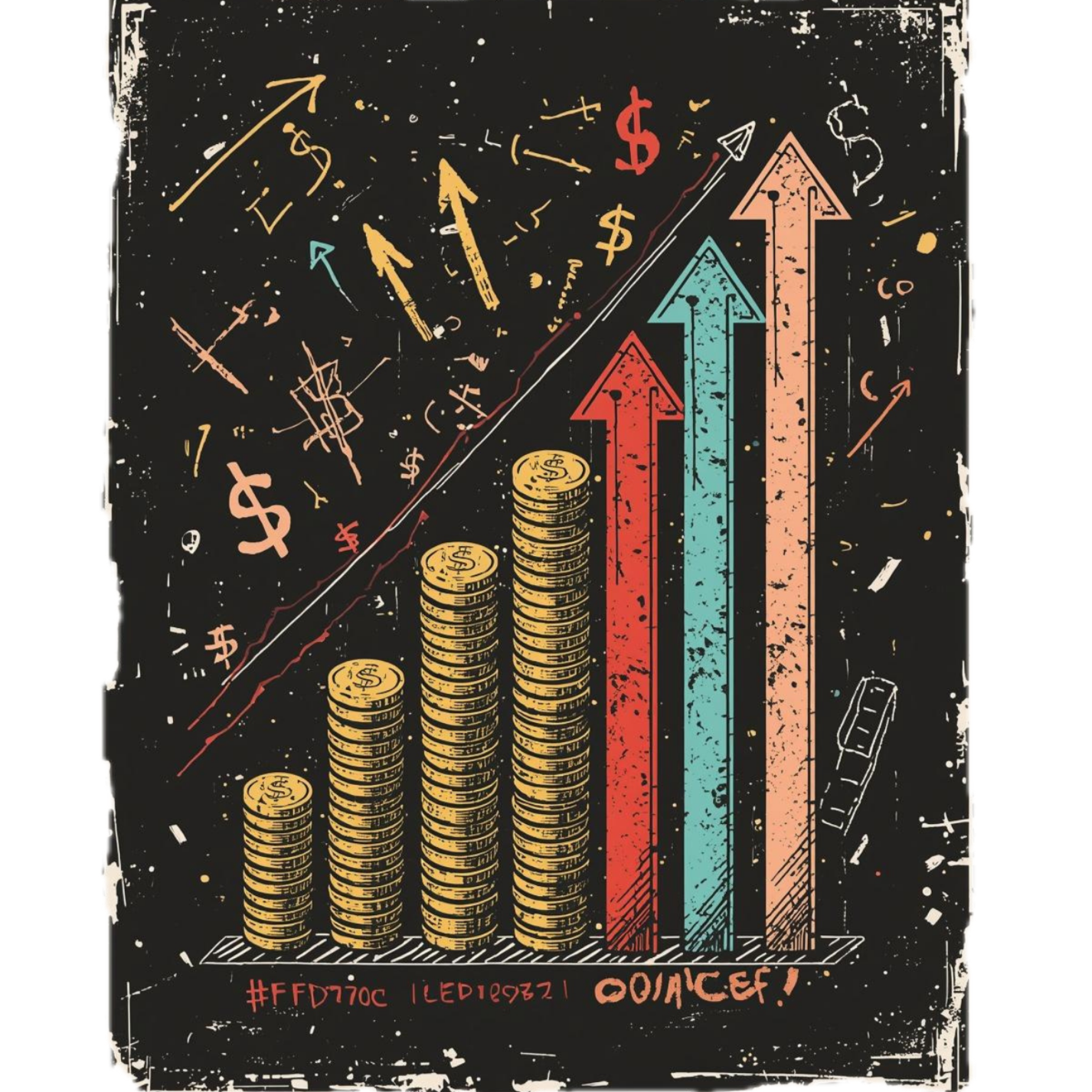 Illustration of increasing stacks of gold coins, with upward arrows and financial symbols, representing growth or profit in finance or investment.