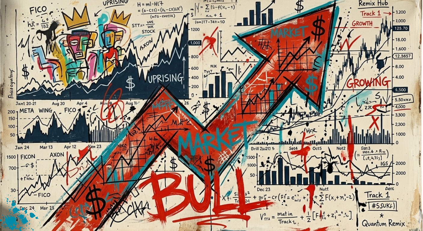 A colorful, graffiti-style collage of stock market charts, graphs, and financial illustrations with words like 'BULL,' 'MARKET,' 'GROWING,' and 'UPRISING,' featuring cartoon crowns and bold arrows indicating market increase.