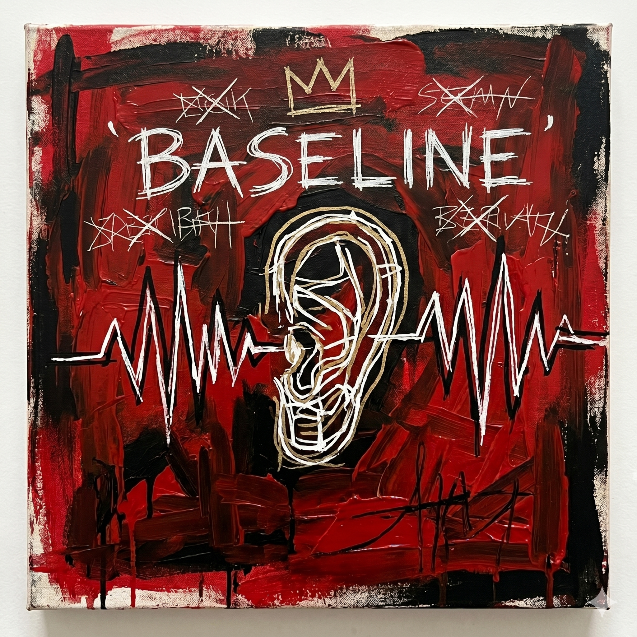 Abstract painting with red, black, and white colors, featuring the word 'BASELINE' at the top, a large question mark in the center, and a stylized ear incorporated into the design. Various scribbles and markings are present throughout.