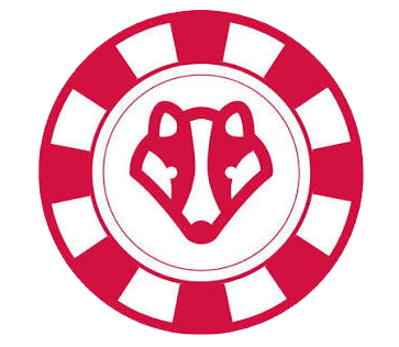A Badgerland Entertainment poker chip with a red and white design and a hand gesture symbol in the center.