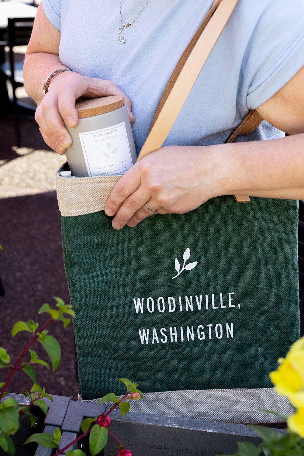 tote bag and candle from Olive Branch