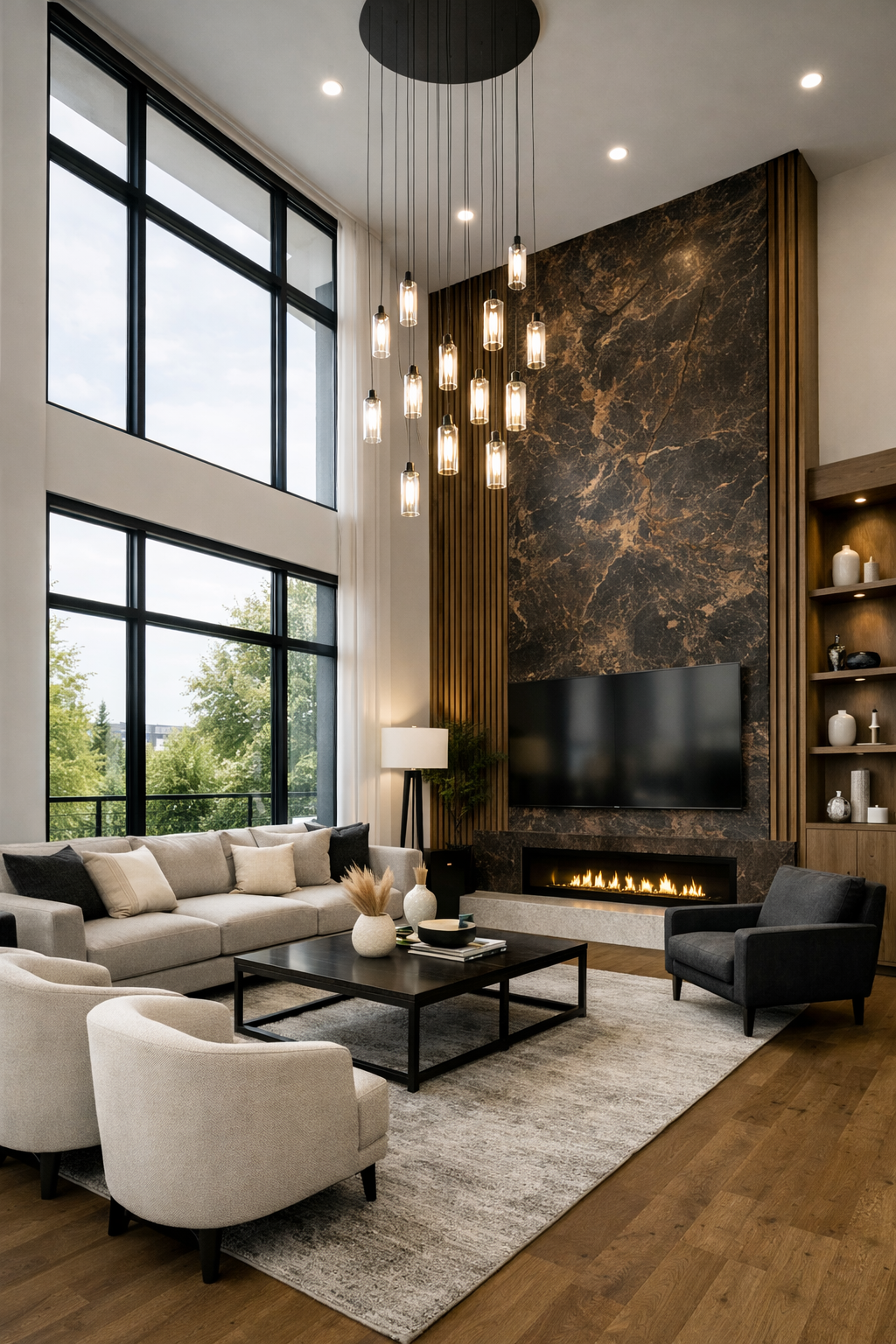 Modern living room with large windows, a beige sofa with pillows, a black armchair, a black coffee table with decorative items, a fireplace with flames, a flat-screen TV, and shelves with decor items.