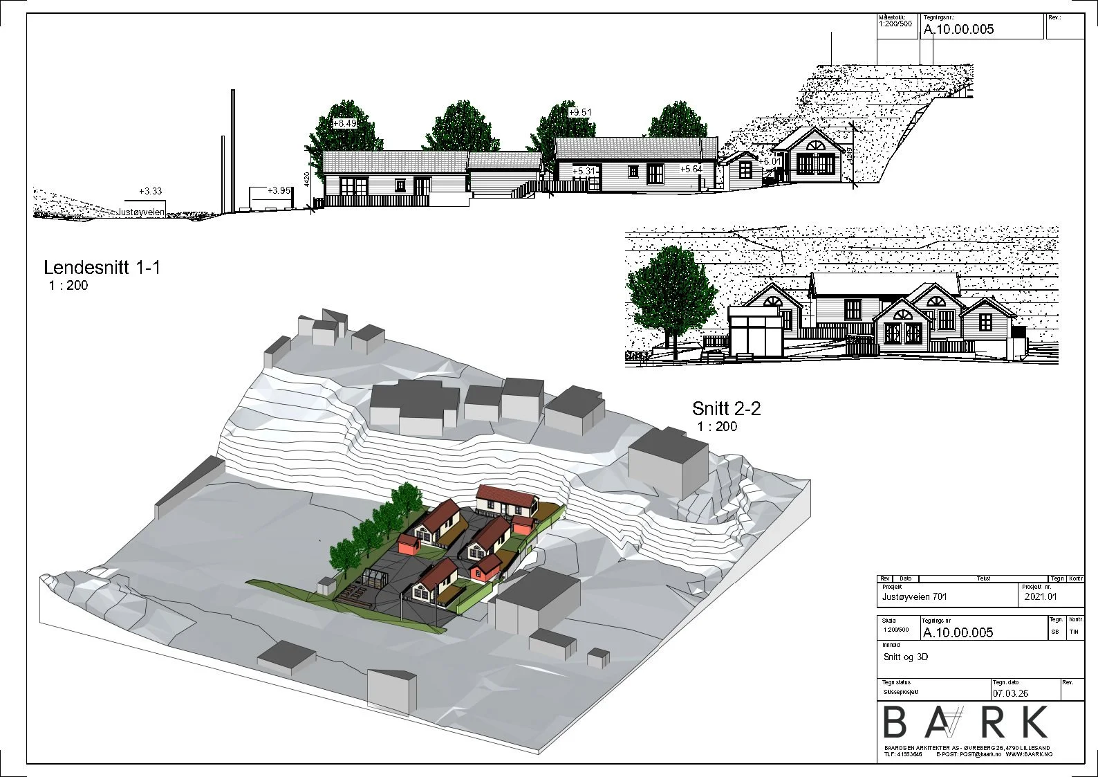 Architectural design plan showing elevation views, cross-section, and 3D model of a residential housing project on a sloped terrain with trees and buildings.