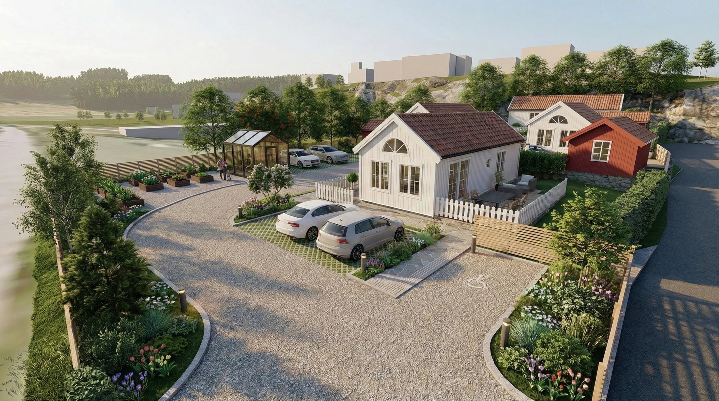 A modern residential property with white house, red and white outbuildings, gravel driveway, landscaped gardens, and parking area with cars, surrounded by trees and greenery.