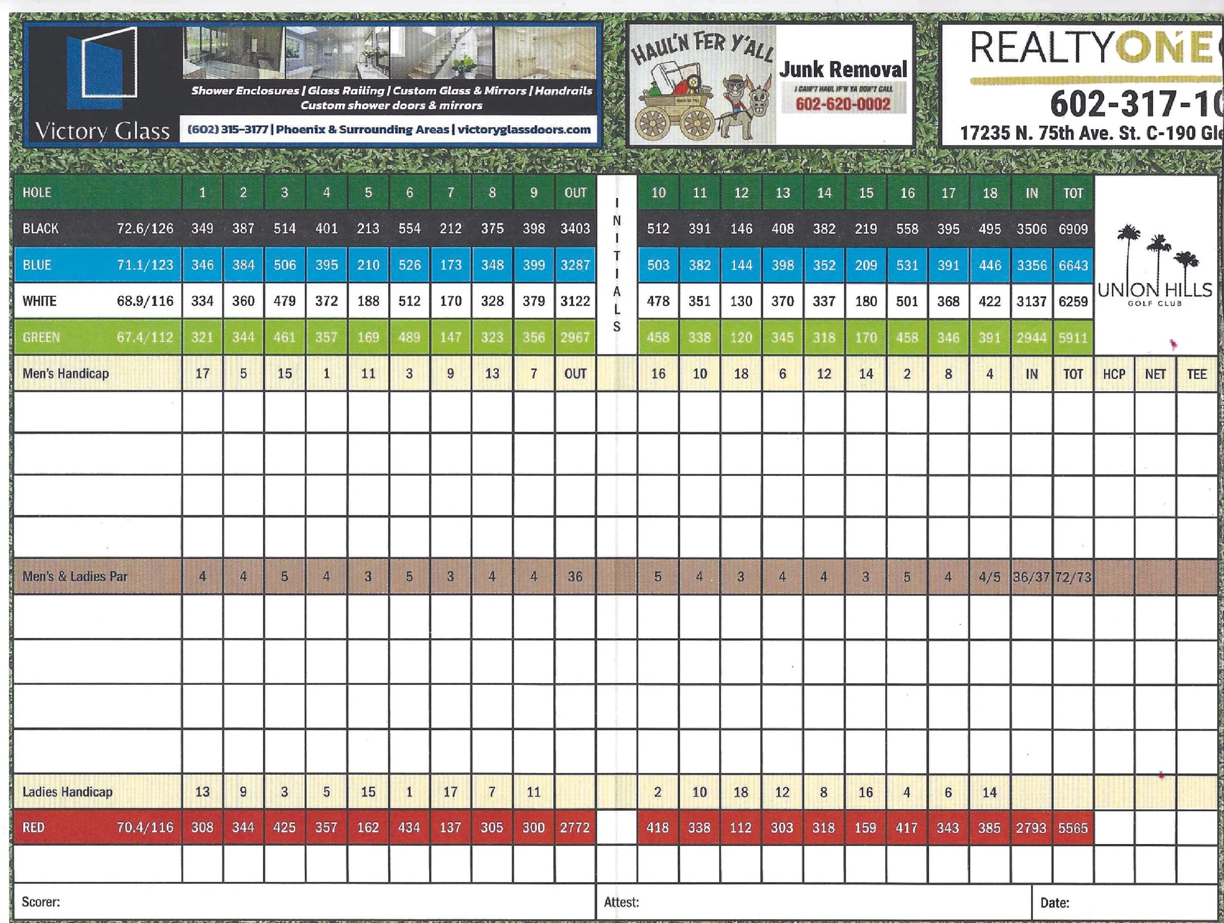 The scorecard for Union Hills Golf Club in Sun City, Arizona.