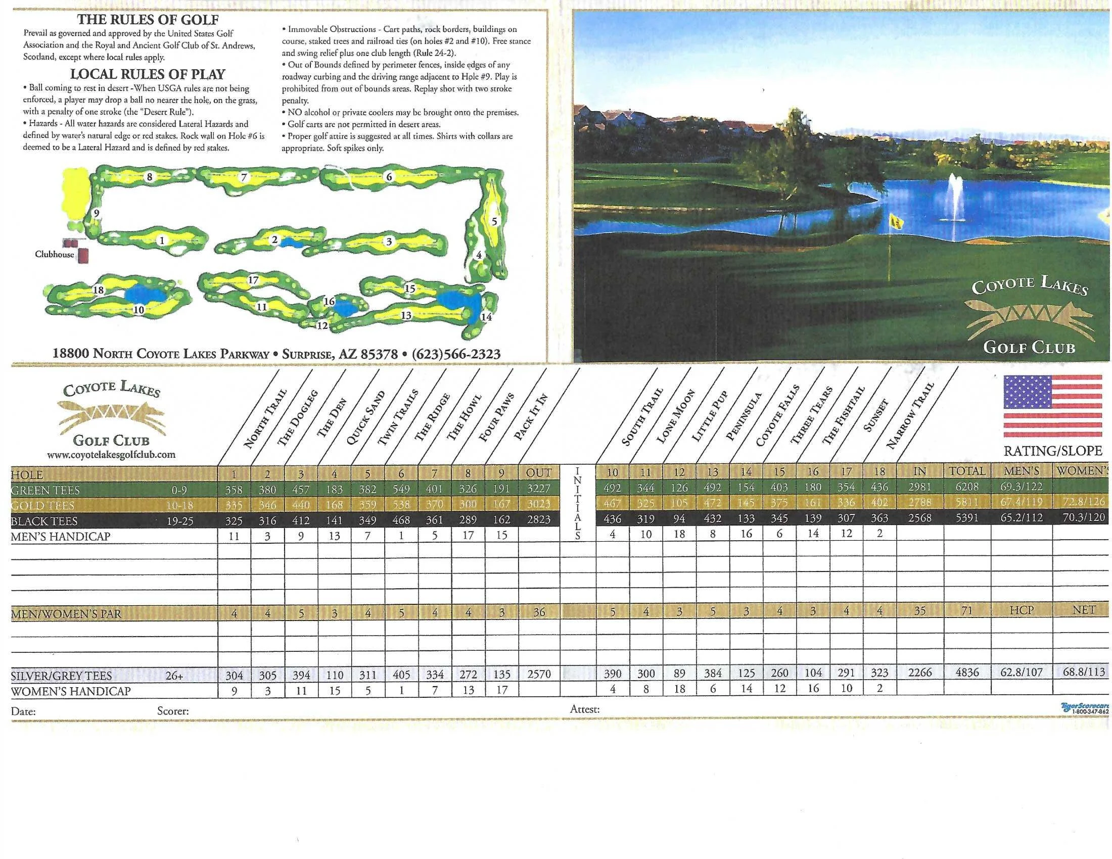 Map of Coyote Lakes Golf Club showing hole layouts, yardages, and features like tees, hazards, and out-of-bounds areas, with a scenic photo of the golf course and a fountain in the background.
