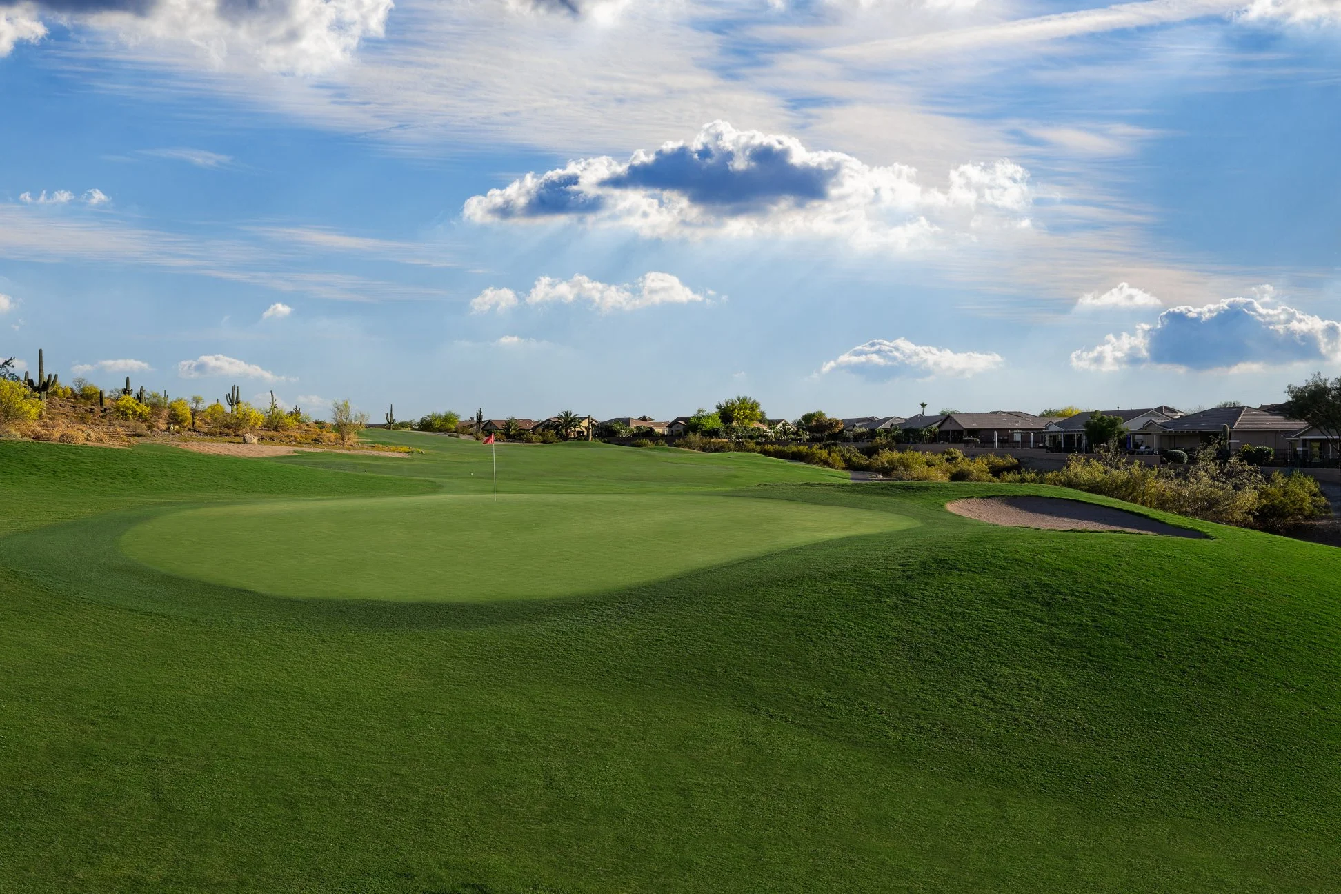 View of the putting green on the 13th hole at San Tan Highlands Golf Club in San Tan Valley, Arizona.