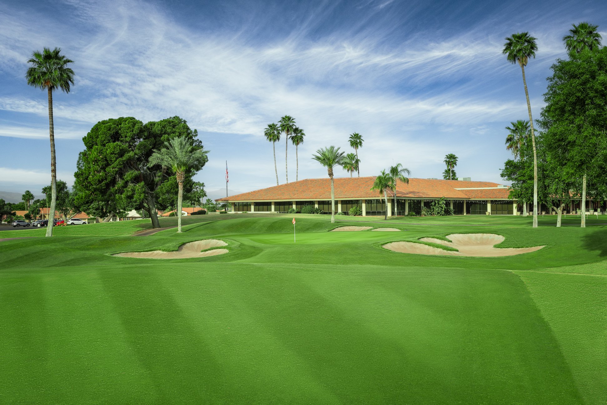 View from the fairway of the clubhouse at Briarwood Country Club in Sun City West, Arizona
