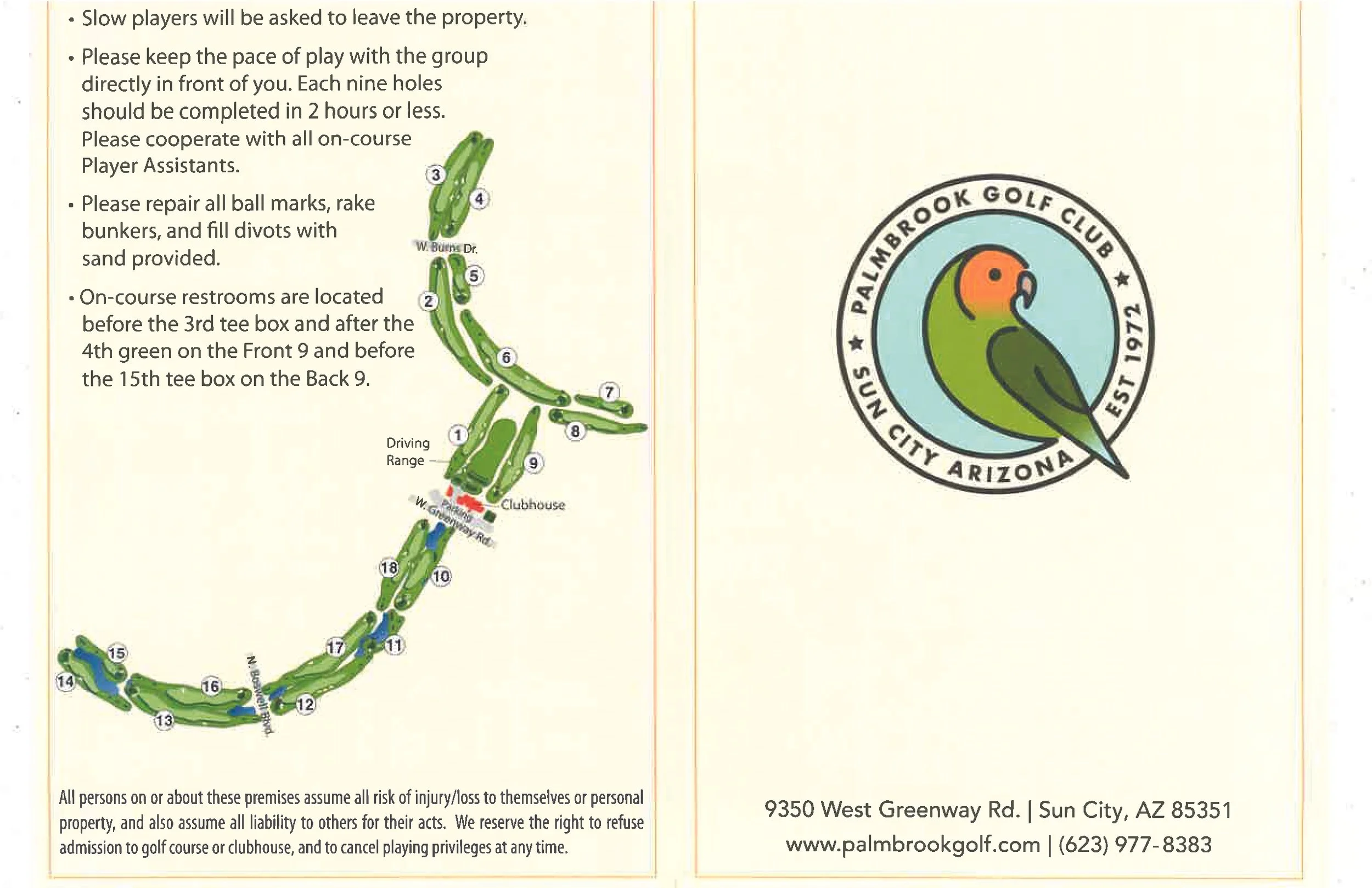 Golf course map with numbered holes, Pictured logo of Palmbrook Golf Club, established 1972, located in Sun City, Arizona, with a parrot graphic.
