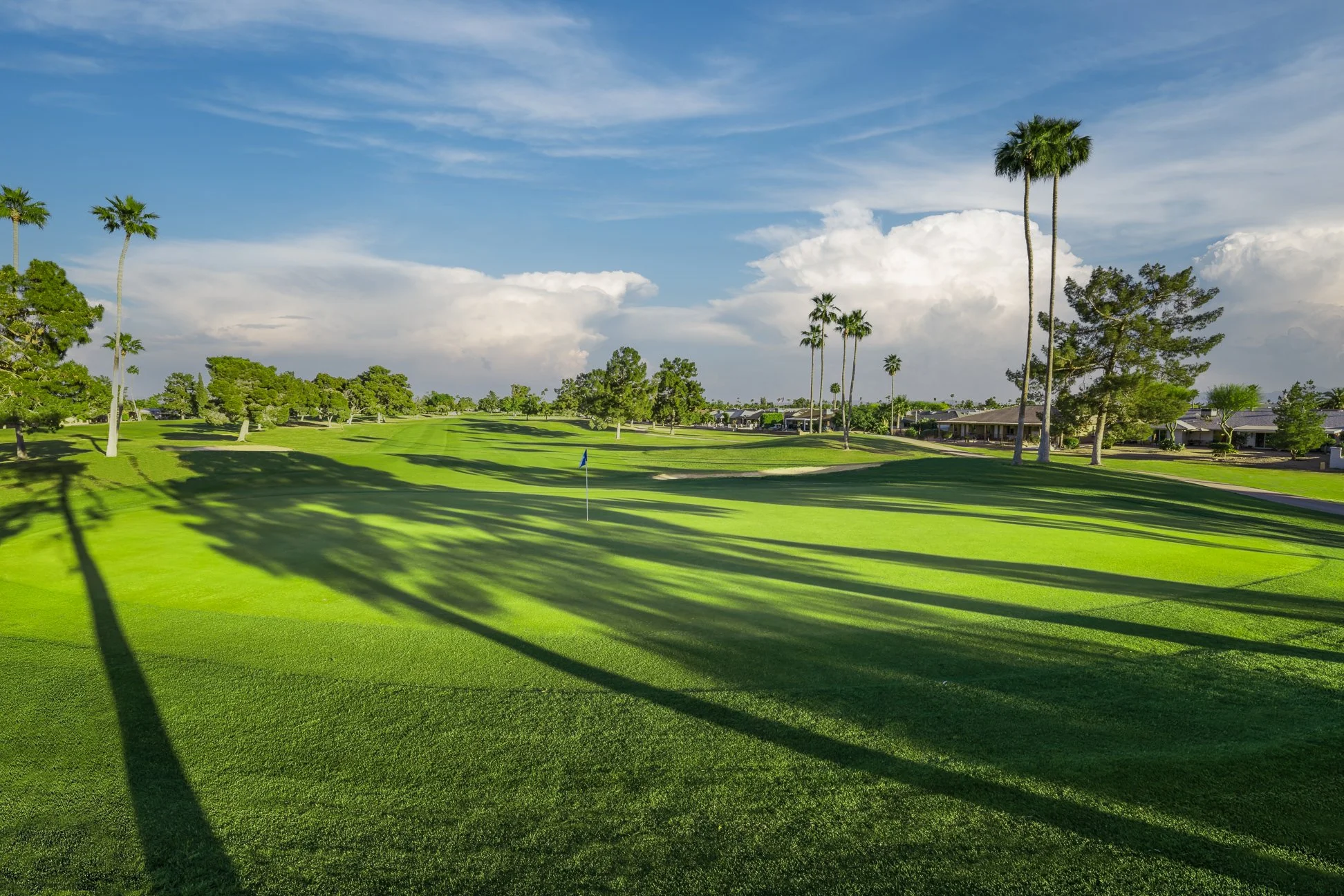 Palm tree shadows on the fairway of the 15th hole at Union Hills Golf Club in Sun City, Arizona.