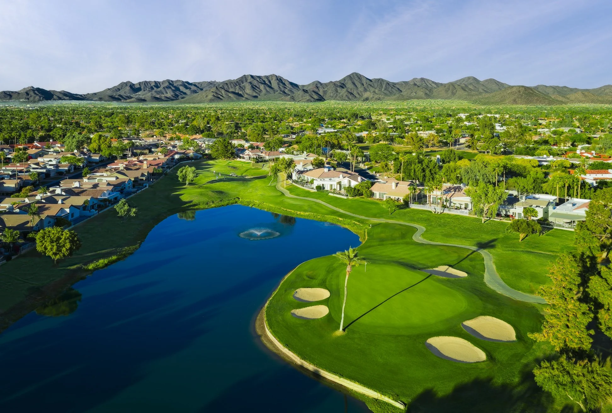 Aerial view of a lake on the golf course at Scottsdale Country Club in Scottsdale Arizona.