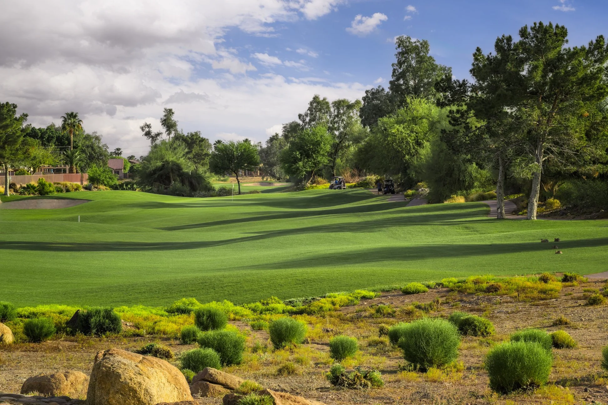 View of the fairway on the 7th hole of Coyote Lakes Golf Club in Surprise, Arizona.