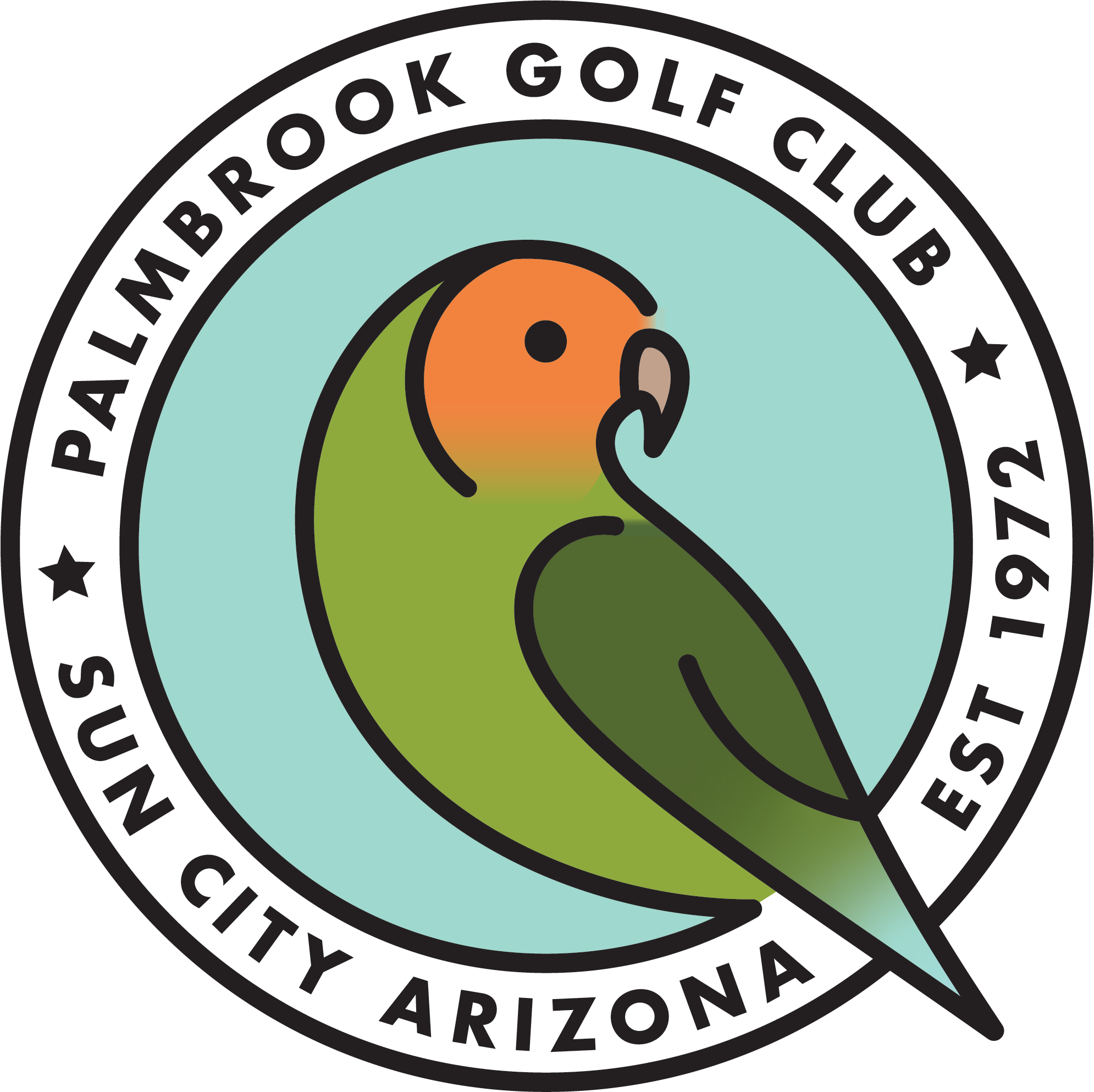 Logo for Palmbrook Golf Club in Sun City, Arizona. Logo of a minimalistic line-drawn cartoon lovebird designed by Sophie Ashton for Swing First Golf.