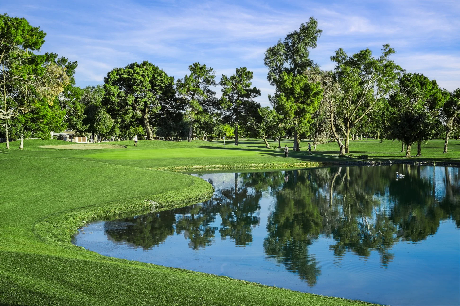 A scenic golf course with well-maintained green grass, trees, a small pond, and a blue sky with some clouds. 12th hole of Union Hills Golf Club in Sun City, Arizona.