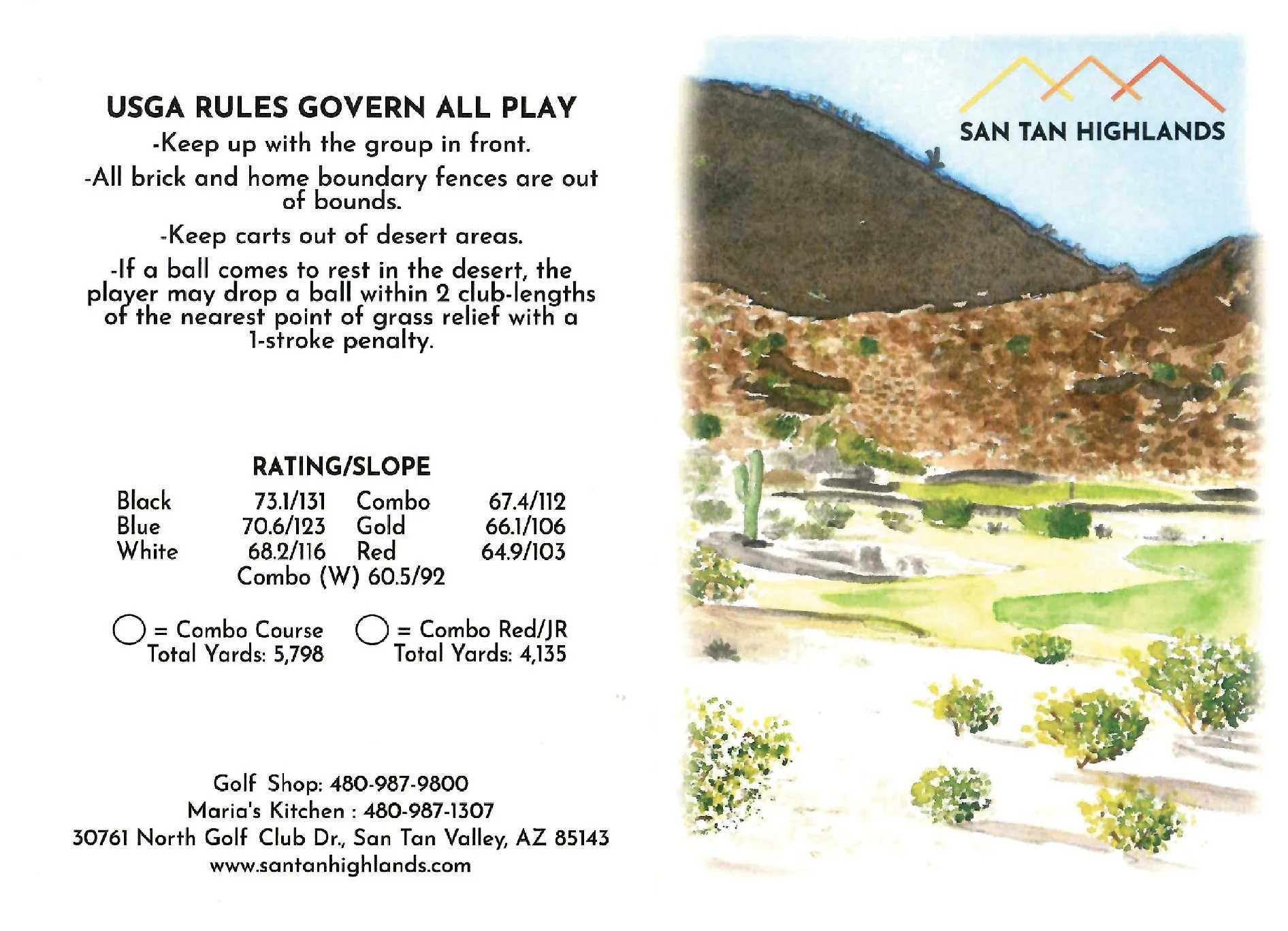 A colorful watercolor map of the San Tan Highlands golf course, showing mountains, trees, and landscapes, with the course's logo and USGA rules listed on the side.