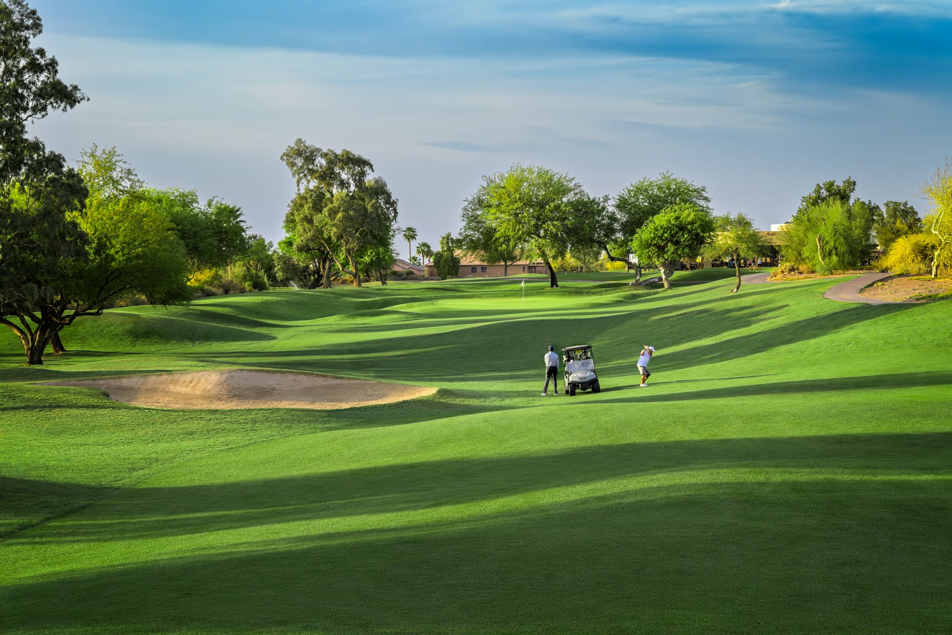 View of the 18th fairway at Coyote Lakes Golf Club in Surprise, Arizona.