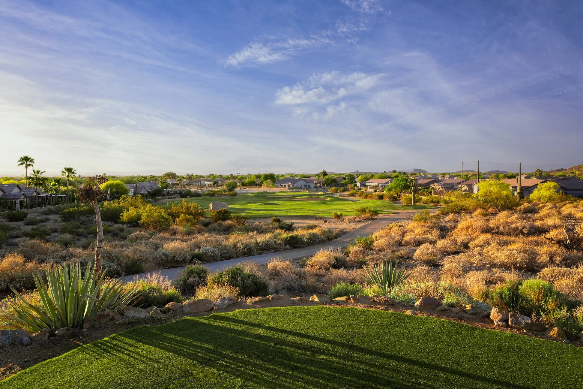 Scenic view of the desert landscape on the 16th hole at San Tan Highlands Golf Club in San Tan Valley, Arizona.