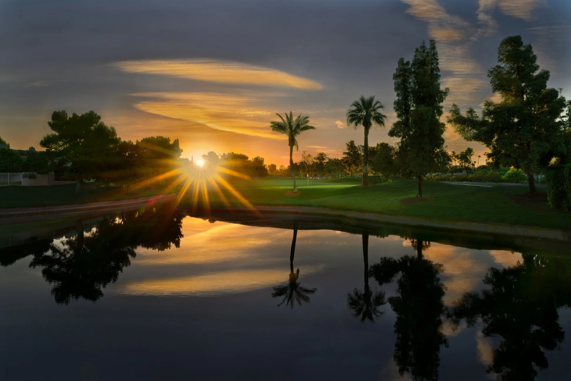 A warm sunrise on the golf course at Scottsdale Country Club in Scottsdale, Arizona.