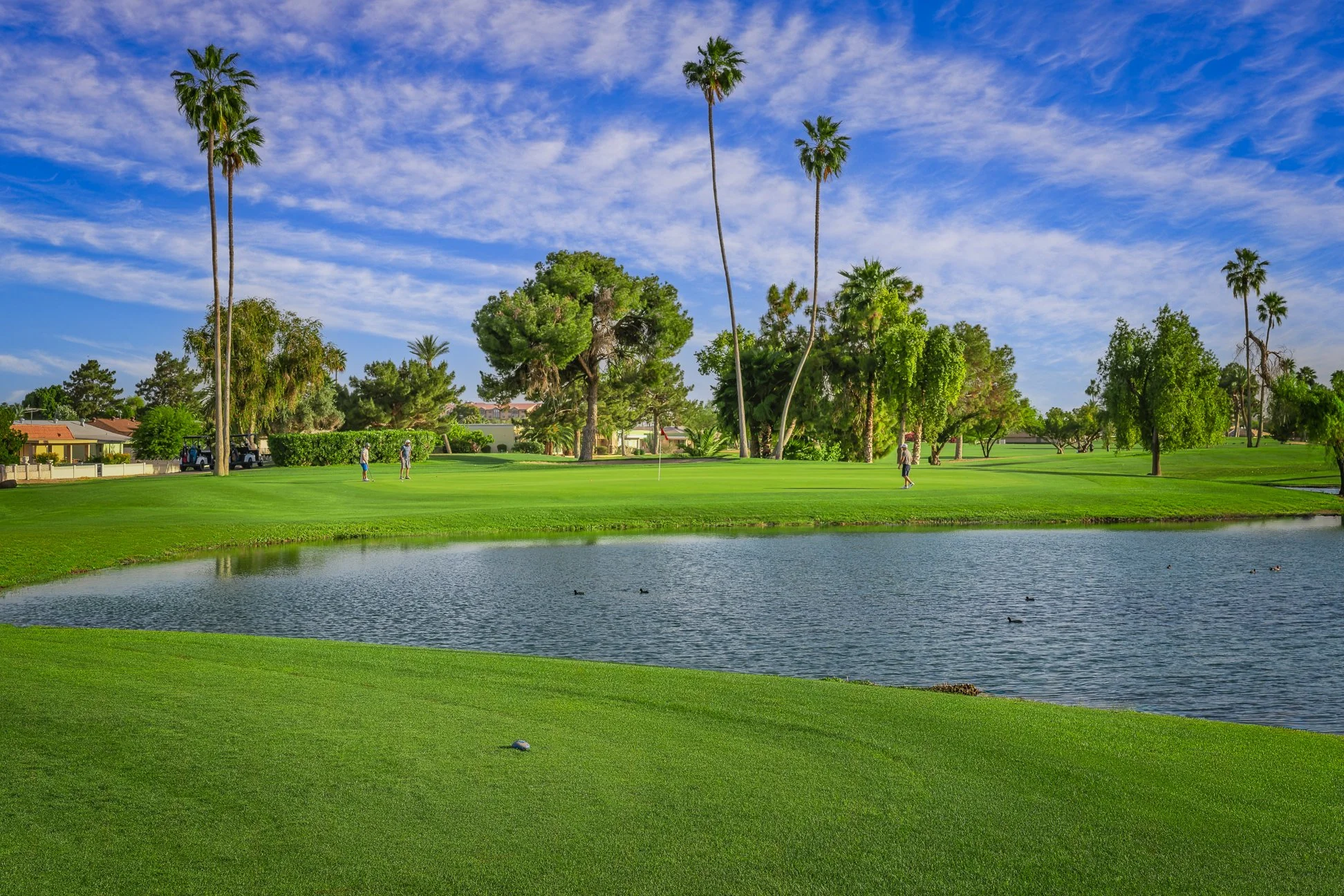 View of the pond and fairway on the 11th hole at Palmbrook Golf Club in Sun City, Arizona.