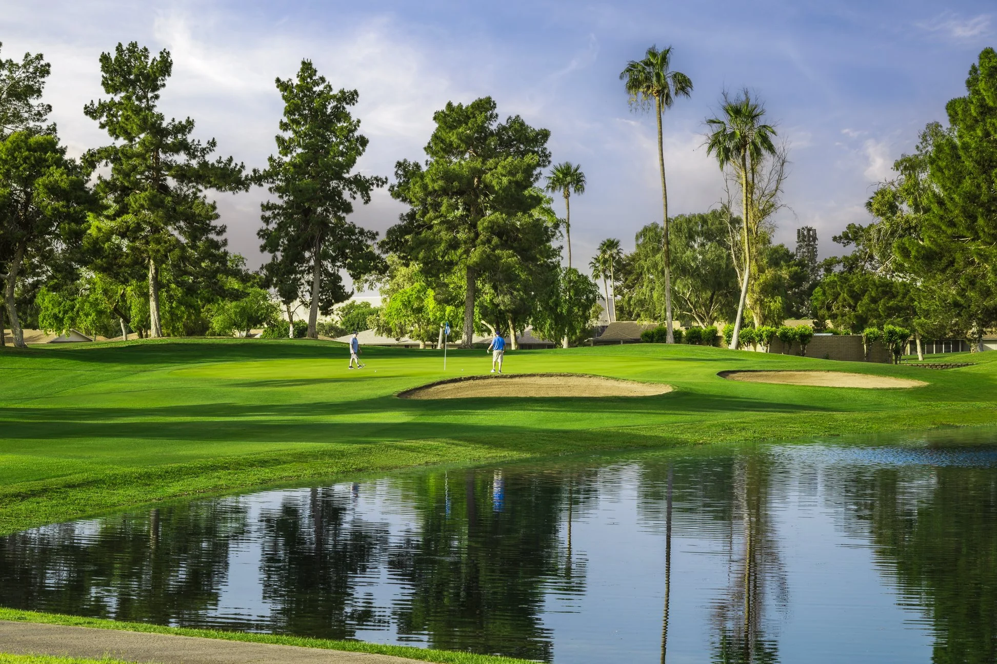View of a water feature on the 7th hole of Union Hills Golf Club in Sun City, Arizona.