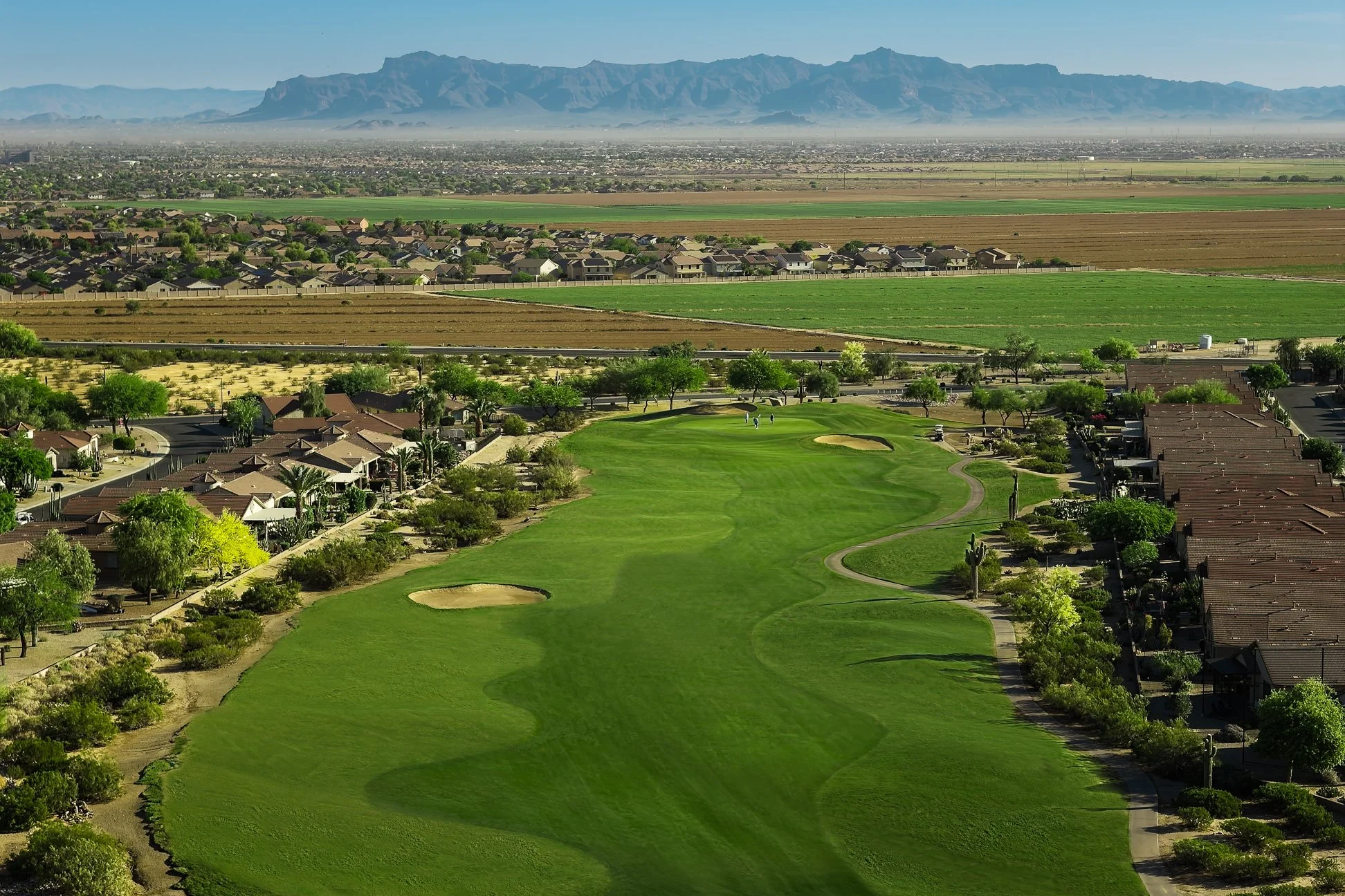 Aerial view of the golf course and mountains at  San Tan Highlands Golf Club in San Tan Valley, Arizona.
