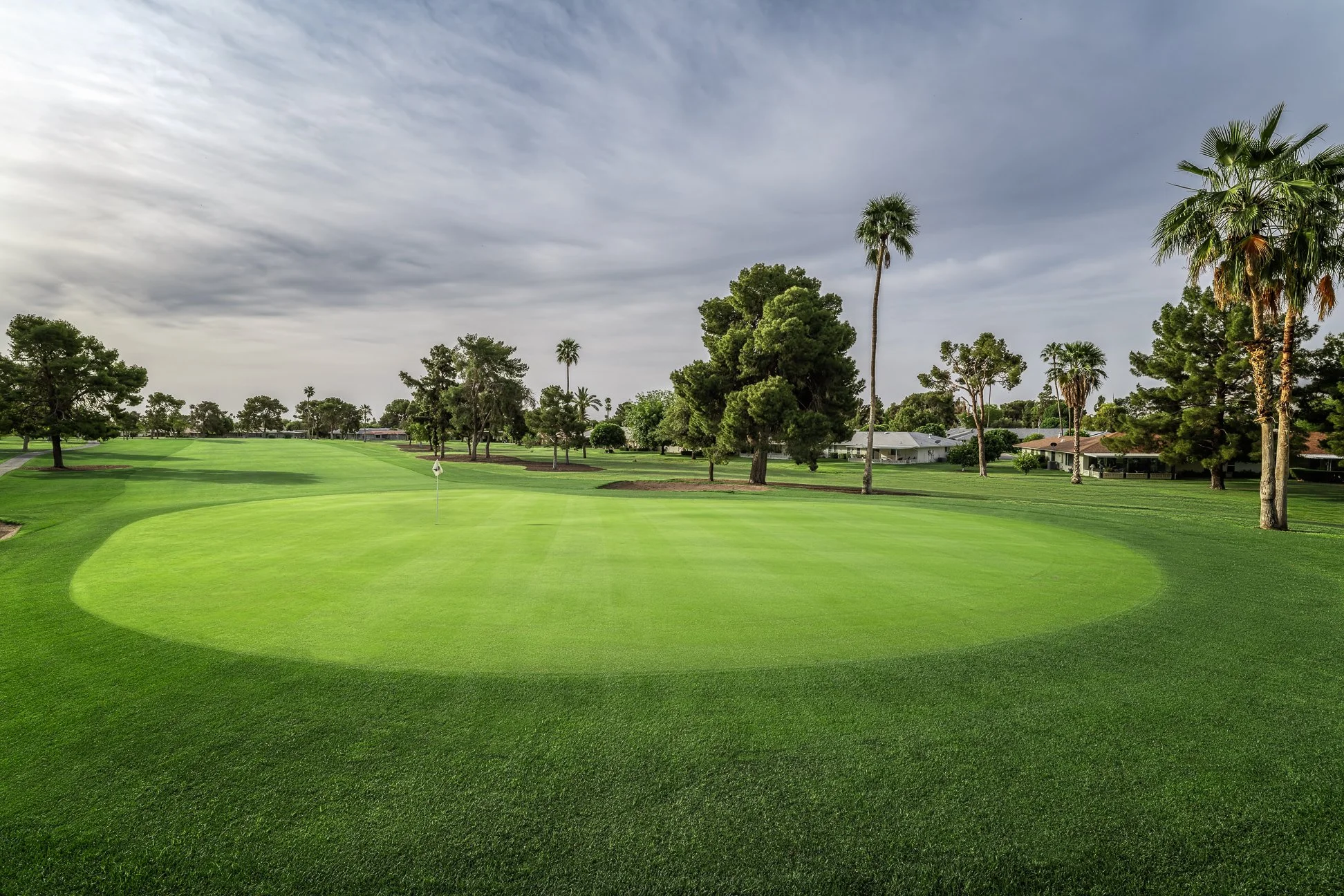 Putting green on the 2nd hole of the golf course at Palmbrook Golf Club in Sun City, Arizona.