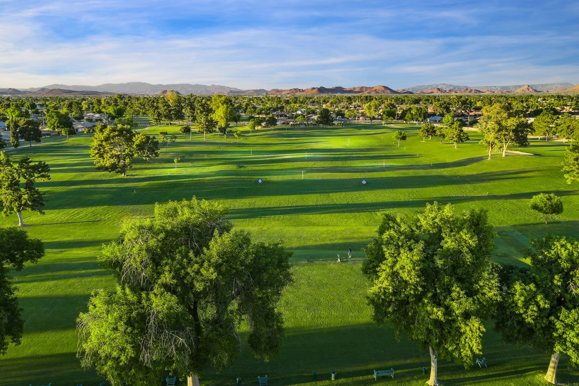 An aerial view of the driving range at Union Hills Golf Club in Sun City, Arizona.