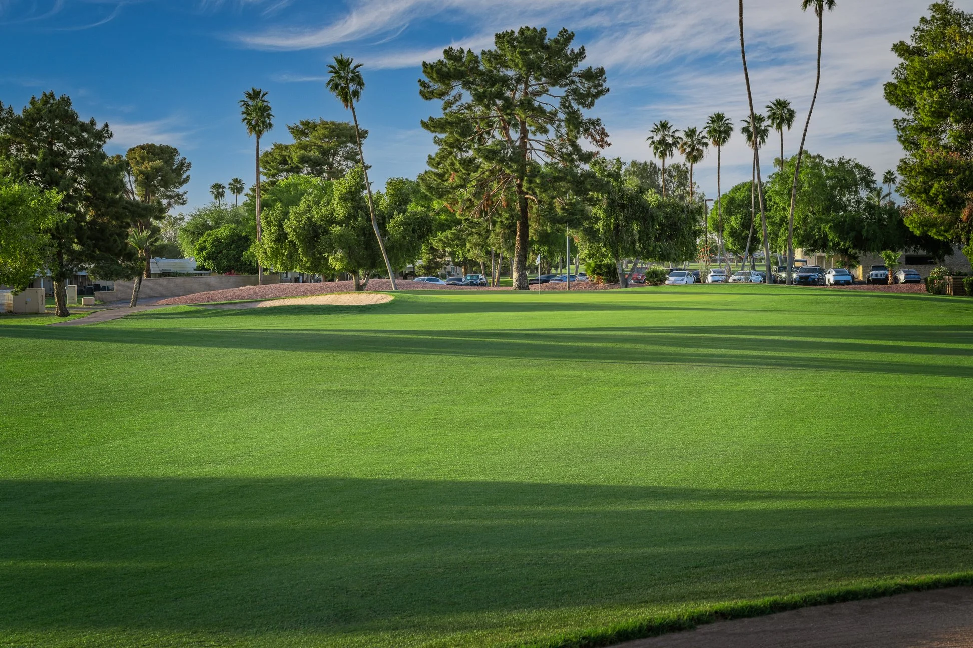 View of the fairway on the 18th hole at Palmbrook Golf Club in Sun City, Arizona.