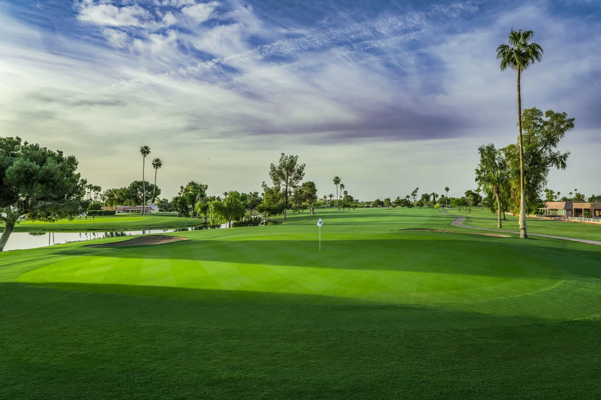 View from the putting green on the 17th hole at Palmbrook Golf Club in Sun City, Arizona.