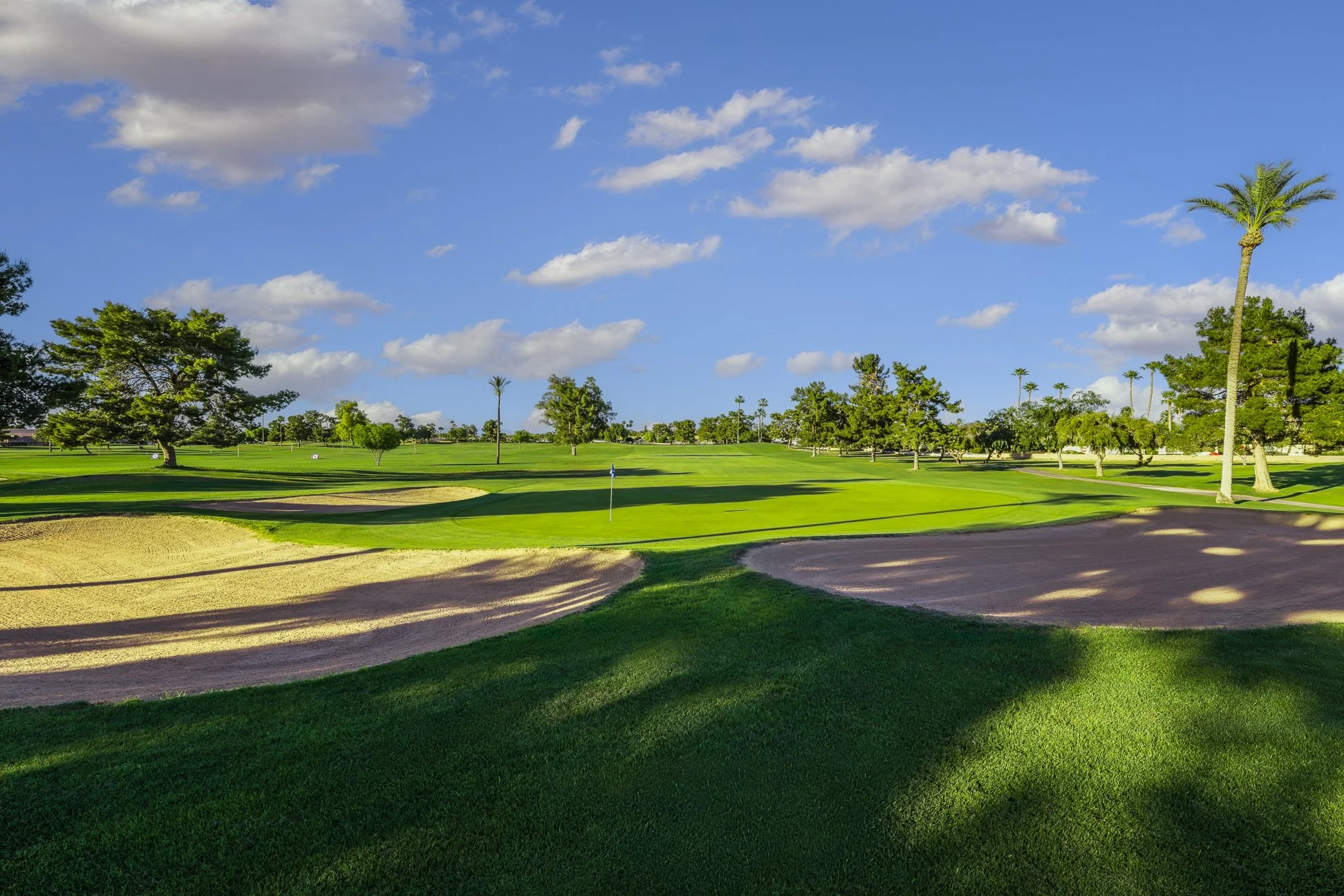 A view of the 13th hole and bunkers at Union Hills Golf Club in Sun City, Arizona,