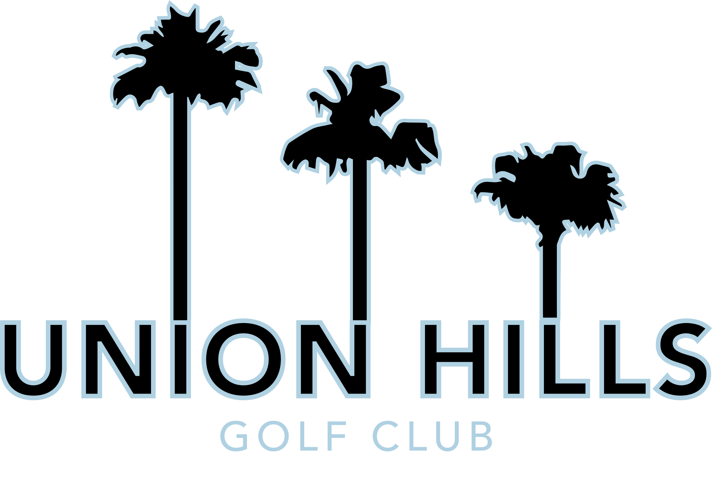 Logo for Union Hills Golf Club in Sun City, Arizona. Outline of three palm trees designed by Sophie Ashton for Swing First Golf.