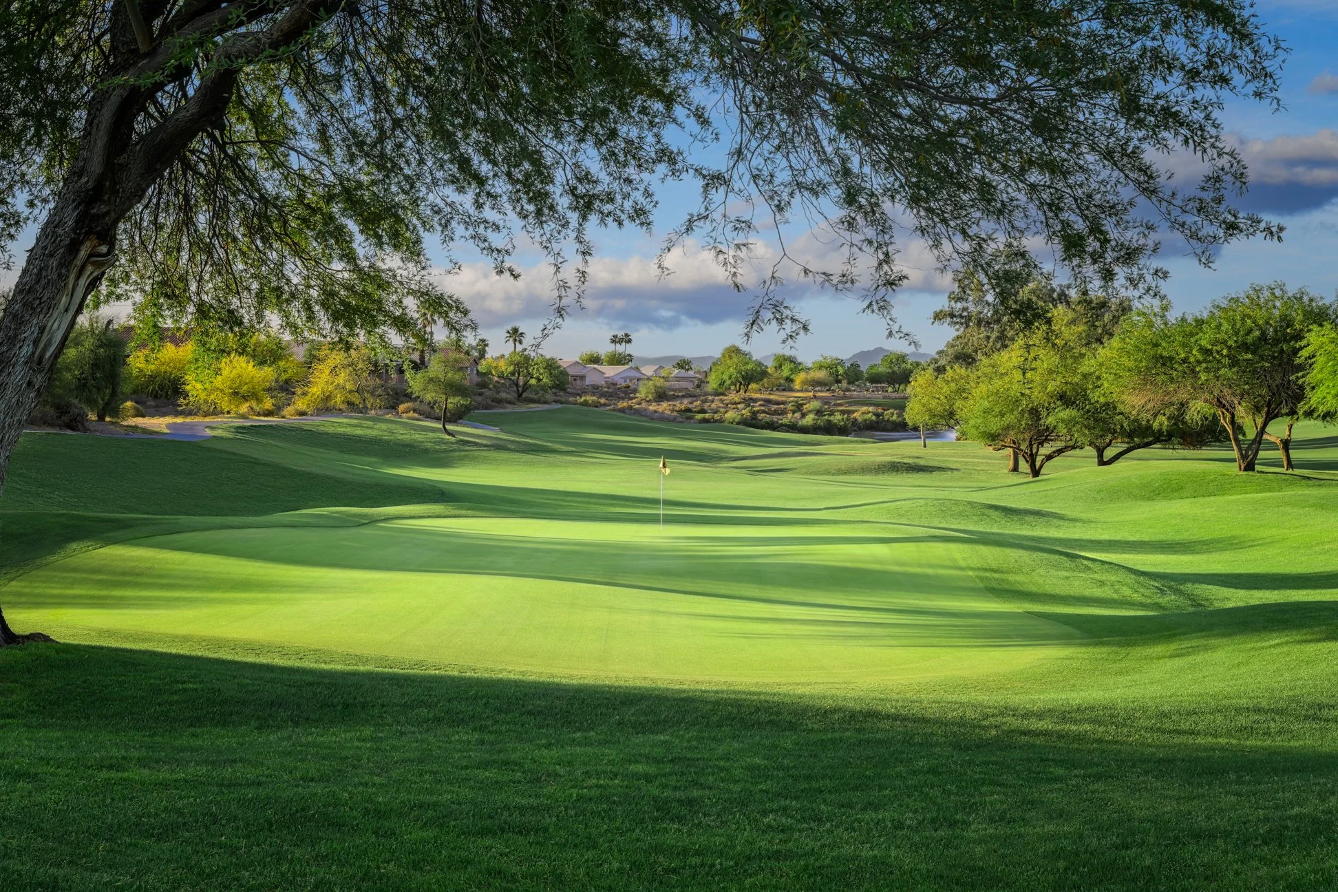 Lush view of the 18th fairway at Coyote Lakes Golf Club in Surprise, Arizona.