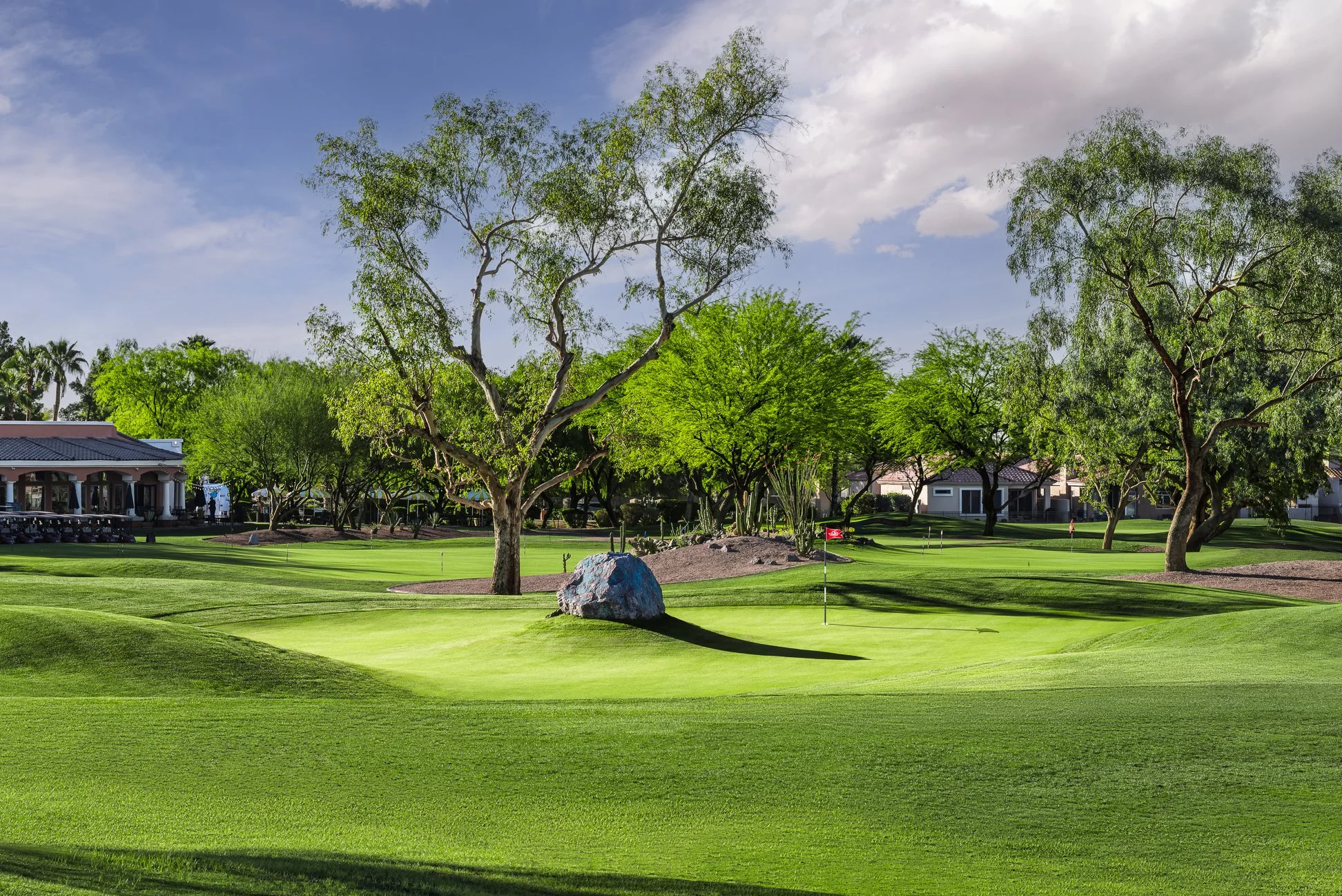 View of the Blue Boulder on the 4th hole of the Six Shooter short course at Scottsdale Country Club in Scottsdale, Arizona. Designed by Forrest Richardson.