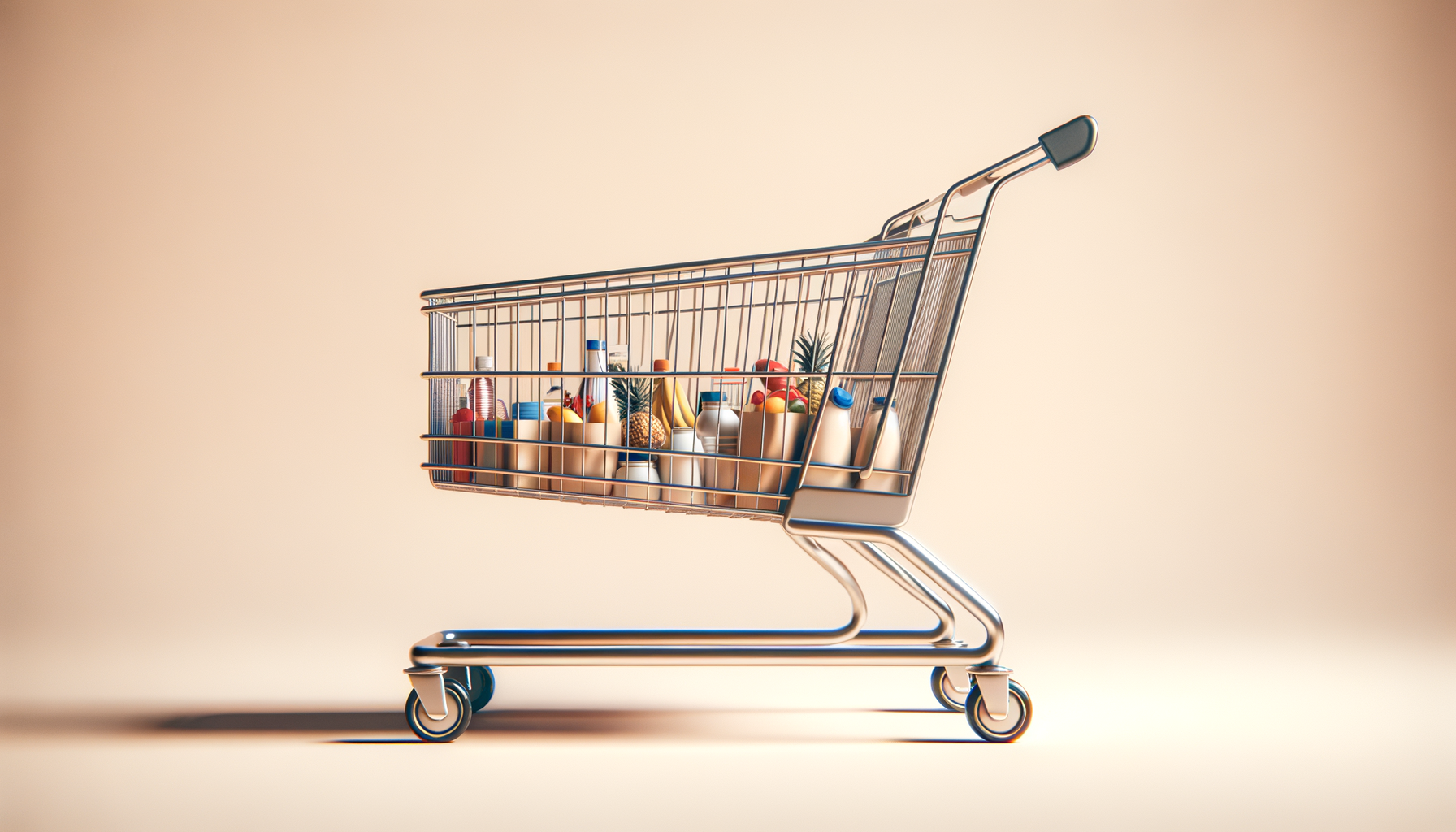 A shopping cart filled with various groceries including bottles, pineapples, bananas, and other fruits and vegetables, set against a beige background.