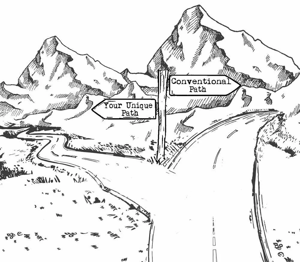 A black and white drawing of a mountainous landscape with a fork in the road. One path is labeled 'Your Unique Path', and the other 'Conventional Path'.
