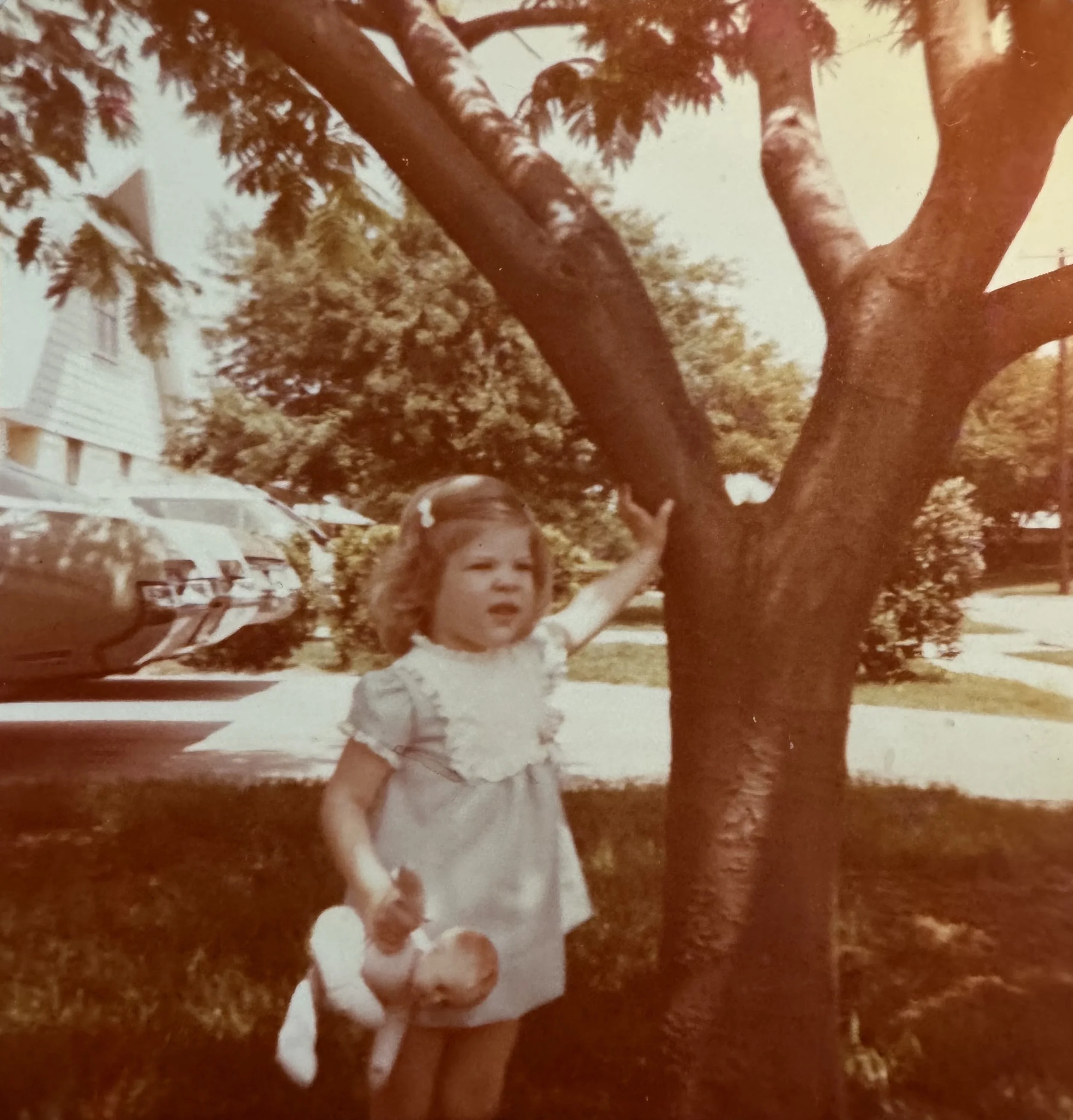 A young girl standing outdoors near a tree, holding a stuffed animal, with cars and houses visible in the background.