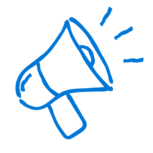 Blue outline of a megaphone with sound lines indicating loud noise.