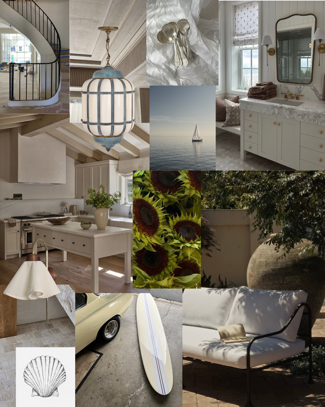 A collage of interior and exterior home elements including a staircase, lighting fixtures, kitchen and bathroom decor, a sailboat on the water, sunflowers, a vintage car with a surfboard, outdoor seating area, and decorative shells.
