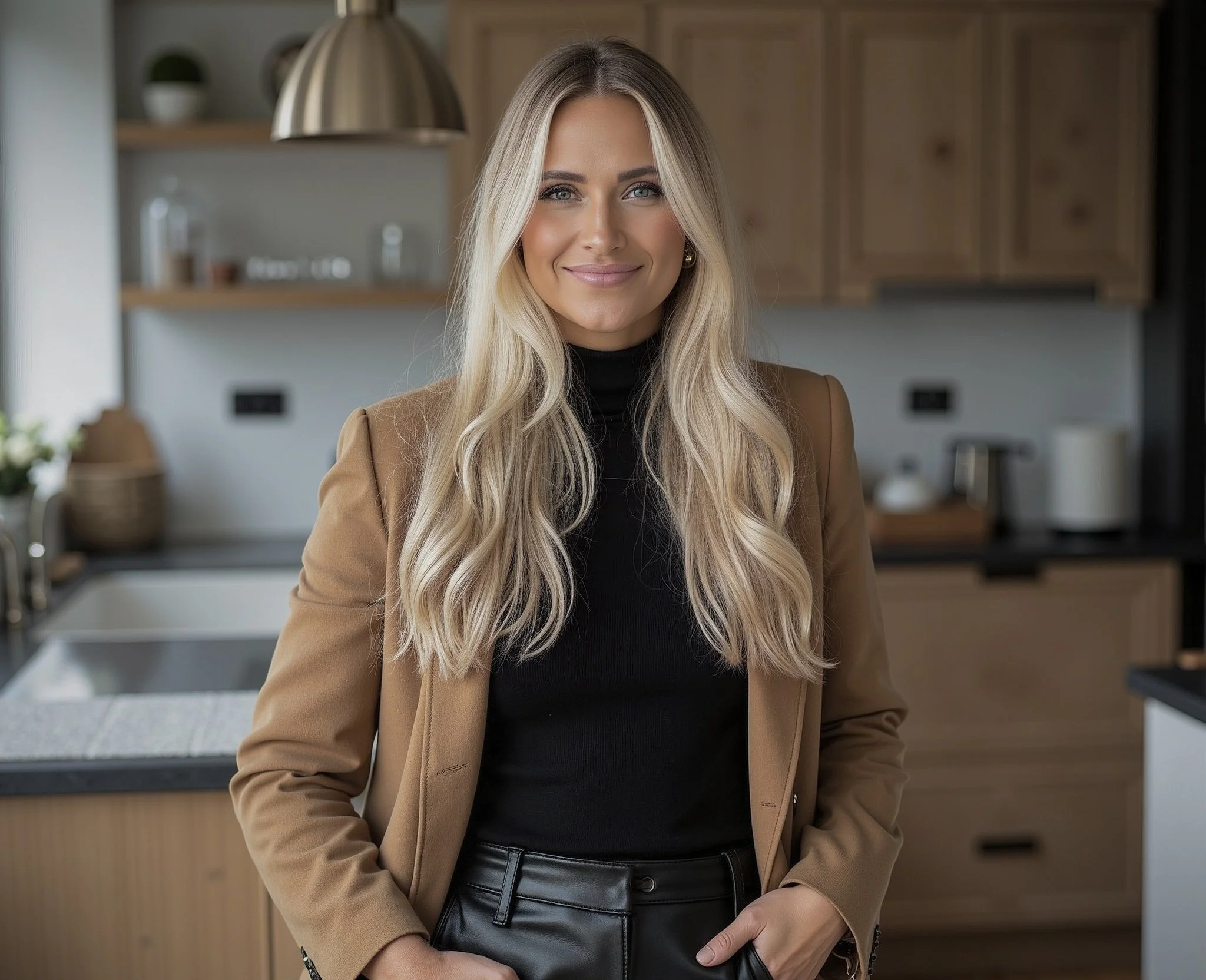 A woman with long blonde hair wearing a black turtleneck and a tan blazer, standing in a modern kitchen with wooden cabinets and shelves in the background.