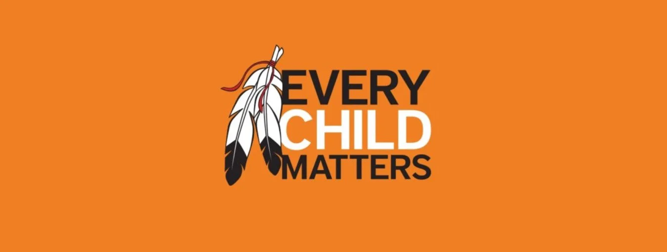 Orange background with a graphic of three feathers and the text "Every Child Matters".