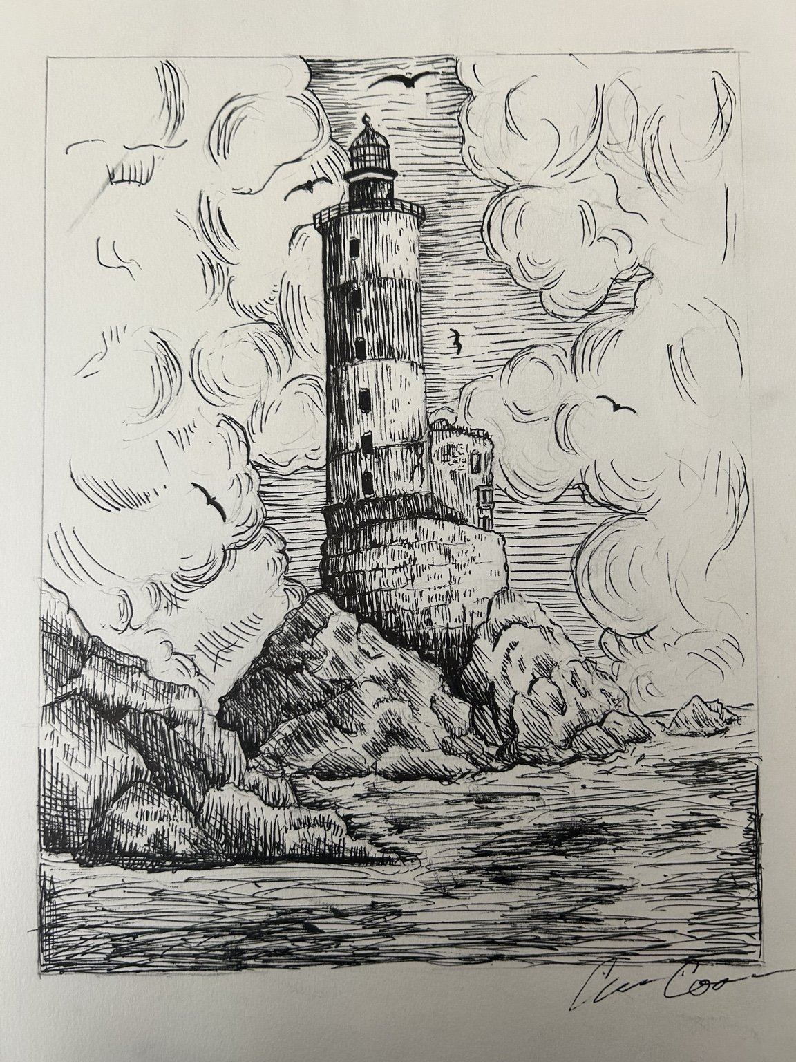 A black and white sketch of a lighthouse on rocky terrain surrounded by clouds, with a few birds flying in the sky.