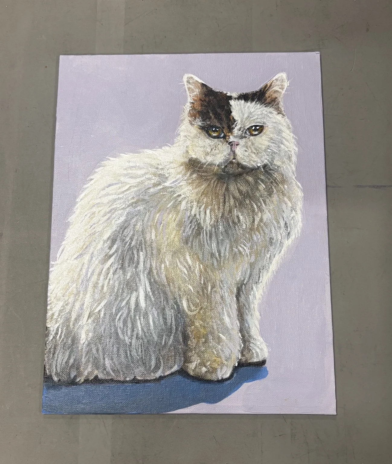 A painting of a fluffy, long-haired cat with a white and brown coat and distinctive facial features, on a light purple background.
