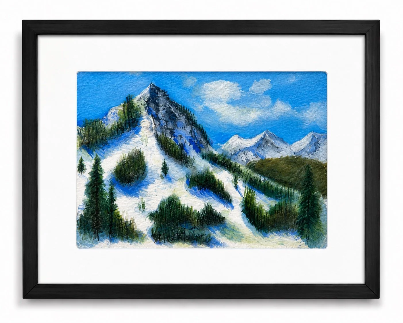 Watercolor painting of snow-capped mountain peaks with green pine trees and a blue sky with clouds.