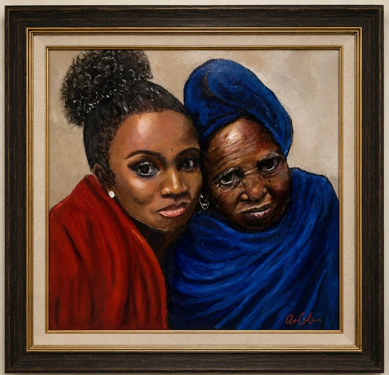 Painting of two women, one younger with dark, curly hair in a high bun, and one older with a blue headscarf, close together.